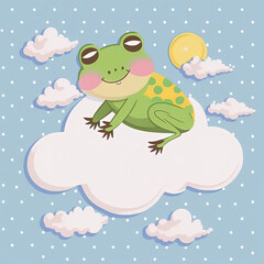Obraz premium Cute Frog Sleep on a Cloud. KAWAII Stylish Comic Stamp. Flat Minimalist Design Art. For UI, WEB, Novel, Game, AD, Poster