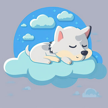 Cute Dog Sleep On A Cloud. KAWAII Stylish Comic Stamp. Flat Minimalist Design Art. For UI, WEB, Novel, Game, AD, Poster