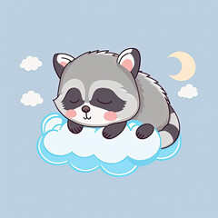Fototapeta premium Cute Raccoon Sleep on a Cloud. KAWAII Stylish Comic Stamp. Flat Minimalist Design Art. For UI, WEB, Novel, Game, AD, Poster