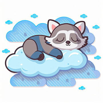 Cute Raccoon Sleep on a Cloud. KAWAII Stylish Comic Stamp. Flat Minimalist Design Art. For UI, WEB, Novel, Game, AD, Poster