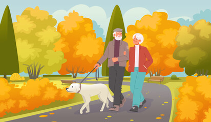 Elderly couple walks with a dog in the park in autumn. Seniors are walking
