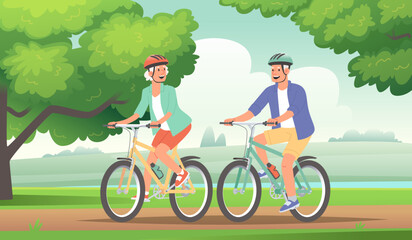 Happy elderly couple ride bicycle. Seniors on an active holiday. Grandparents in helmets ride sports bikes outside