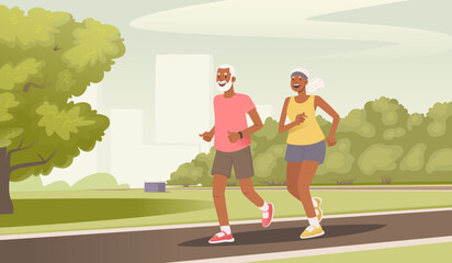 Elderly couple on a run. African American seniors running in the park, happy man and woman doing outdoor activities