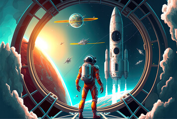 Robot astronauts traveling across virtual worlds aboard a rocket tall structures Future vision for virtual reality and digital reality realistic cyber simulation innovation connection. Generative AI