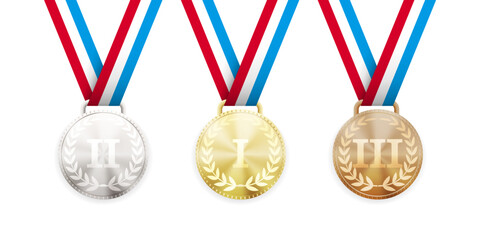 Set of gold, silver and bronze medals. First, second and third place prize.