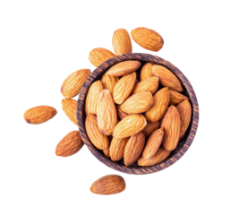 Almond Nuts in wood bowl isolated on transparent png