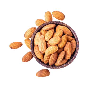 Almond Nuts in wood bowl isolated on transparent png