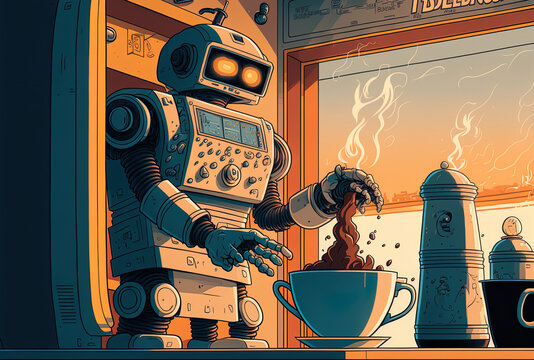 An old robot get comfy with a cup od coffe no background