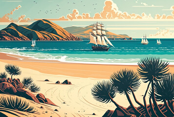 A beach with ships in the distance and hills in the sunshine. Generative AI
