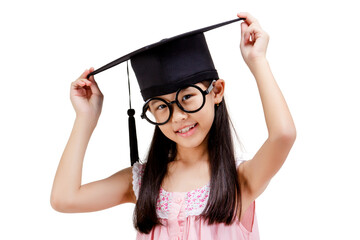 Happy Asian school kid graduate holding graduation cap isolated on transparent background, PNG file...