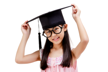 Happy Asian school kid graduate holding graduation cap isolated on transparent background, PNG file format.