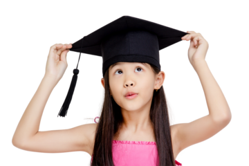Happy Asian school kid graduate holding graduation cap isolated on transparent background, PNG file format.