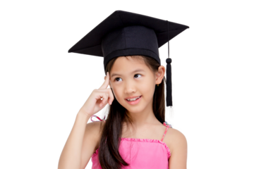 Happy Asian school kid graduate in graduation cap thinking isolated on transparent background, PNG file format.