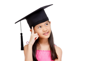Happy Asian school kid graduate in graduation cap thinking isolated on transparent background, PNG file format.