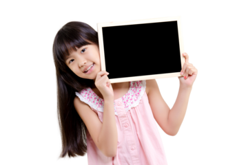 Portrait of happy little Asian child show the black board isolated on transparent background, PNG file format.