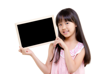 Portrait of happy little Asian child show the black board isolated on transparent background, PNG file format.
