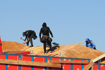 Construction workers frame a wooden roof on a new residential building under clear sky, illustrating manual labor, structural assembly, and the early phases of housing development projects © Eduardo Barraza
