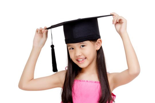 Happy Asian school kid graduate holding graduation cap isolated on transparent background, PNG file format. - Powered by Adobe