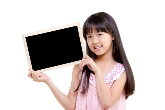 Portrait of happy little Asian child show the black board isolated on transparent background, PNG file format.
