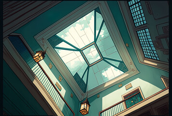 view from a low angle of a skylight in Hong Kong's historic homes. Generative AI