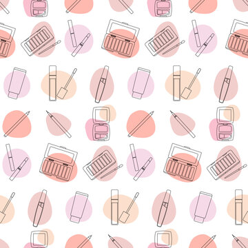 Seamless pattern with decorative cosmetics in the style of line art with colored spots