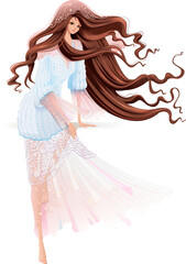 Beautiful young woman sit fashionable dress sea wave