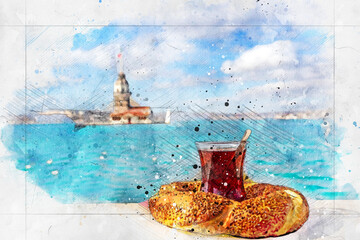 Artistic watercolor drawing Istanbul Tea and simit in front of the Maiden's Tower.