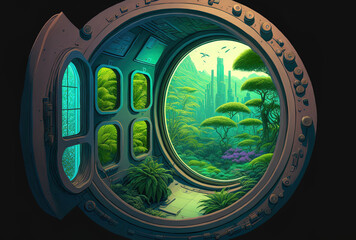 A space station that has been abandoned and is overrun with plants and grass has an empty chamber that is lit via portholes and windows. Illustration Strange things are happening. Generative AI