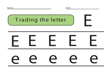 Trace letters of the English alphabet. Uppercase and lowercase letter E. Handwriting practice for preschool kids.