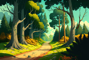 On a beautiful day, a narrow route winds through a forest with big trees on both sides. Generative AI