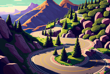 View from the summit of a winding mountain road. Generative AI