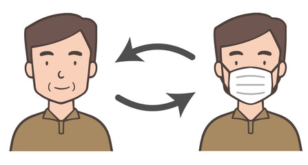 マスクを装着したり外したりする中年男性、おじさん