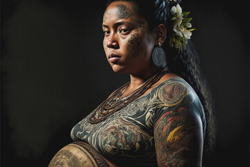 Pregnant woman from the islands of French Polynesia. She is covered with tribal tattoos. Created with generative AI,  - obrazy, fototapety, plakaty