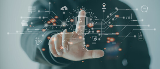 A man uses AI to process business data. By using a finger to tap on the realistic screen or 3D screen