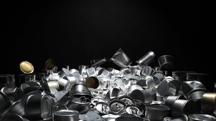 Large amount of metal tins, cans and jars for recycling. Aluminum metal food and drink sorted scraps. Steel packaging. Zero waste and recycle of domestic waste at home concept. No pollution.