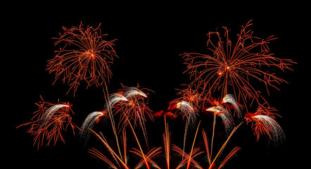 Firework display on isolated black background at Pattaya City. 