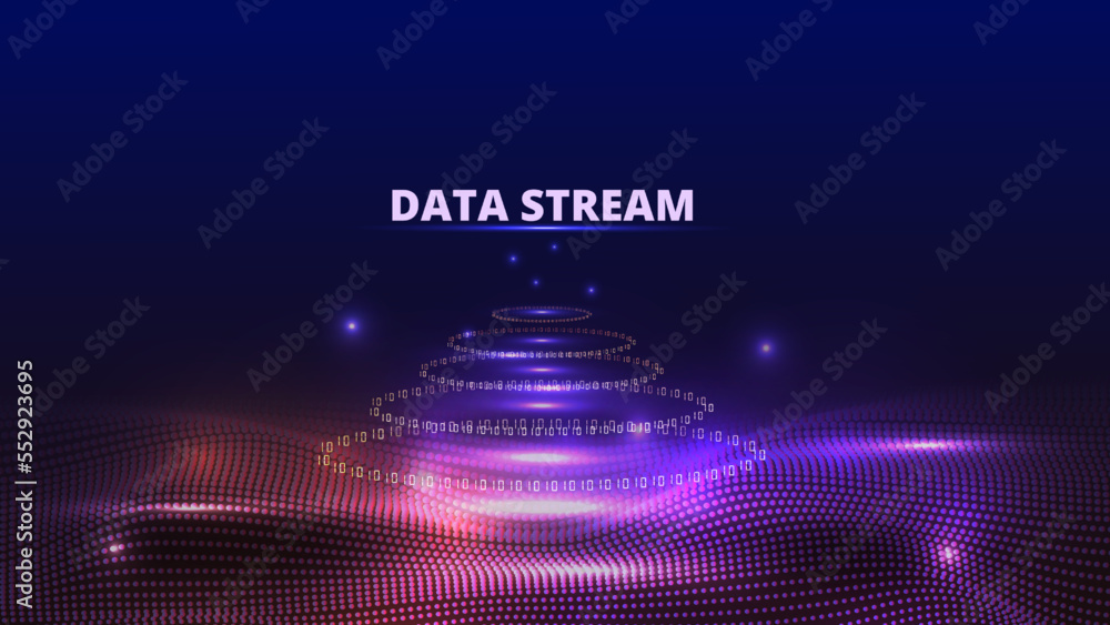 Aufkleber Data stream background. Binary code circle flow. Abstract music wave. Science tech coding. Numbers and dots. Glow sparkles. One or zero symbols. Digital program pattern. Vector 3D wallpaper
