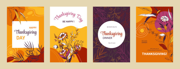 Autumn cards, happy dinner posters, fall orange harvest with leaves, family holiday, flower decor, festival banner template, floral frames. Thanksgiving day vector graphic illustration