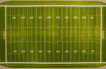 Soccer field top straight down aerial shot. Empty football playground. Sport stadium green grass...