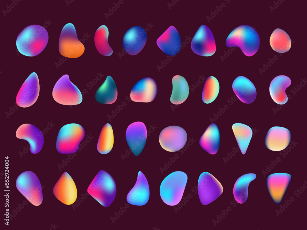 Poster Future gradient shapes, liquid logo. Iridescent retro neon abstract 3d isolated elements with holographic blur. Futuristic decorative elements, organic forms. Vector bright brush background