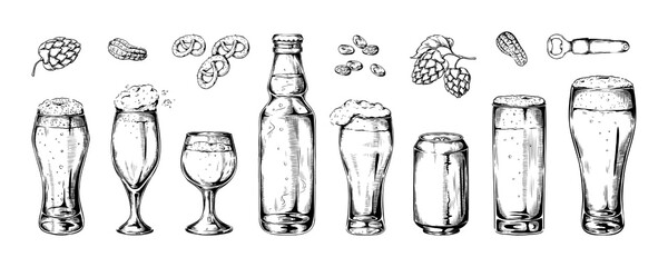 Beer bottle. Aluminum can. Pint glass. Engraved sketch for craft menu. Doodle alcohol. Full mugs set. Opener and snacks. Foam beverage. Oktoberfest drawing. Vector graphic illustration