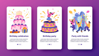 People celebrate birthday. Mobile app. Party in company. Friends with crackers and gift boxes. Confetti or balloons. Holiday celebration. Application interfaces set. Vector ui landing