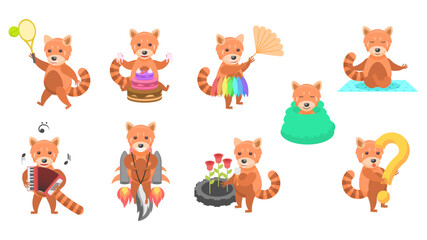 Fototapeta premium Big Set Abstract Collection Flat Cartoon Different Animal Red Pandas Vector Design Style Elements Fauna Wild