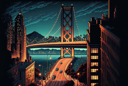 Beautiful nighttime photo of a skyscraper in downtown San Francisco with the Golden Gate Bridge. Generative AI