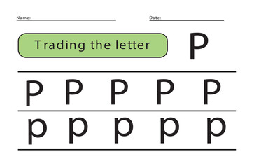 Trace letters of the English alphabet. Uppercase and lowercase letter P. Handwriting practice for preschool kids.