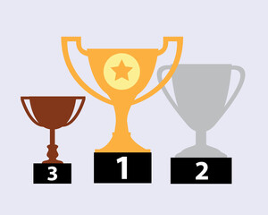 Winner collection. Trophy, realistic medals. Golden cup with red ribbon, isolated gold silver bronze medal. Anniversary, sport competition awards vector set