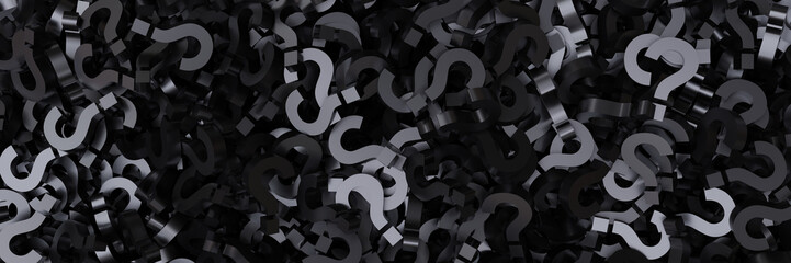 Questionmarks black color background, banner. FAQ concept. 3d