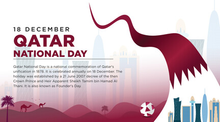 Qatar National Day 18th December banner with maroon gradient abstract flag, Qatar Independence Day,  Doha landmarks and skyline Illustration