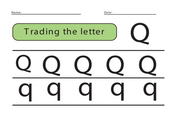 Trace letters of the English alphabet. Uppercase and lowercase letter Q. Handwriting practice for preschool kids.