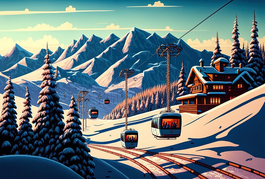 Beautiful ski resort picture, with ski lifts and skiers. Generative AI